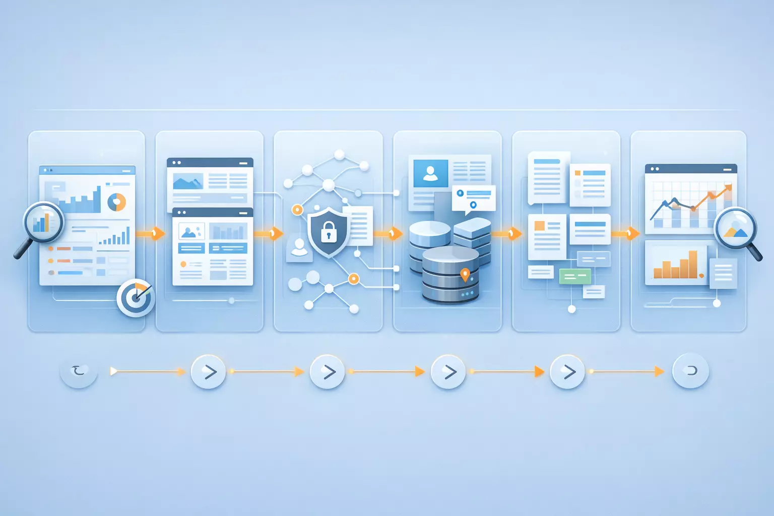 SEO 실전에서 단계 인포그래픽으로 데이터 분석부터 업체 비교, 온보딩, 사이트 감사, 콘텐츠 전략, 성과 모니터링까지 6단계 흐름을 시각화